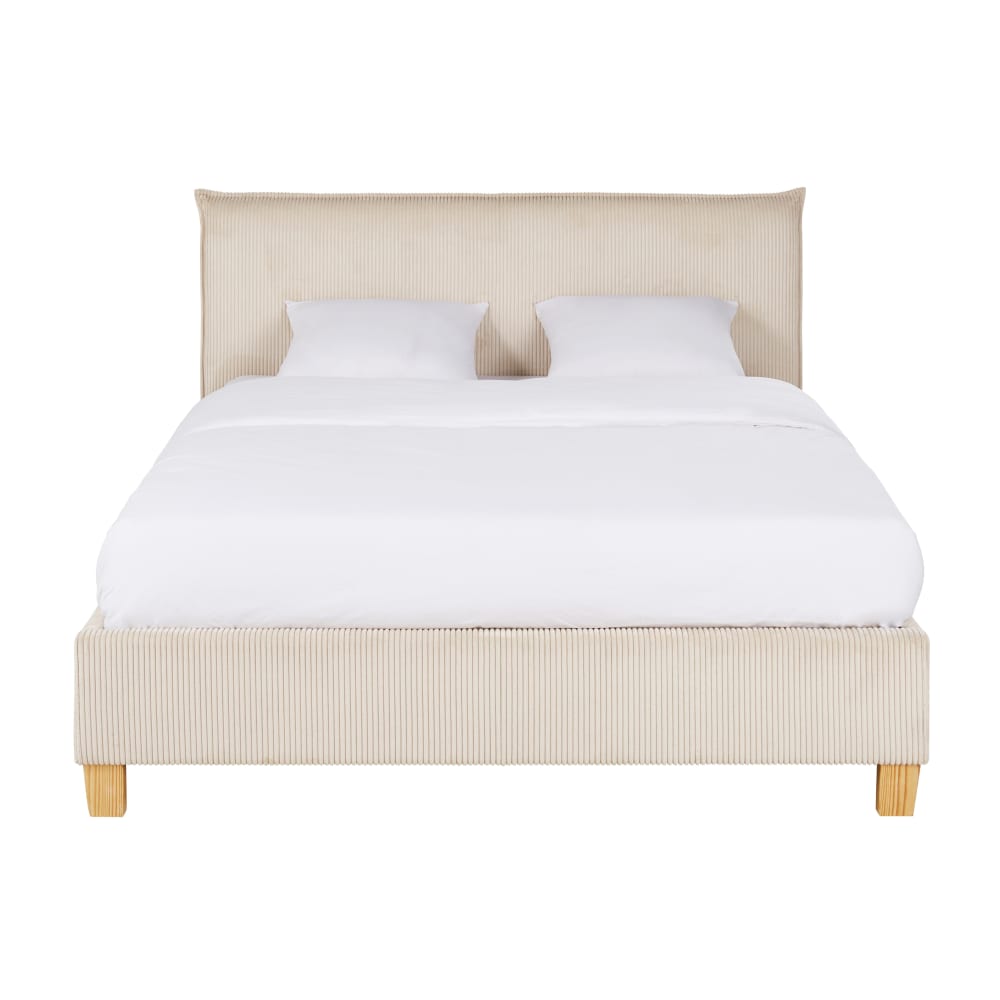 Lit coffre en velours côtelé beige 160x200 avec sommier à lattes