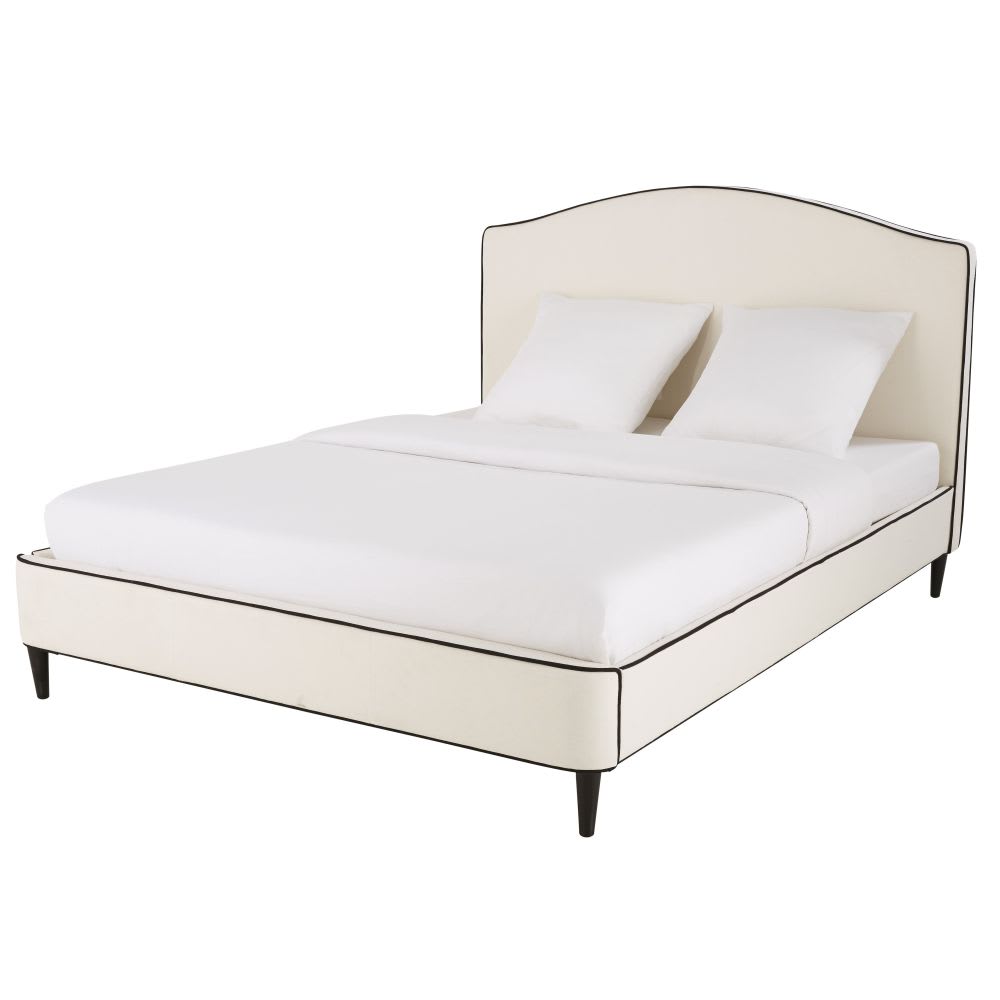 Lit en en bois de pin massif et lin blanc 160x200 - Maisons du Monde