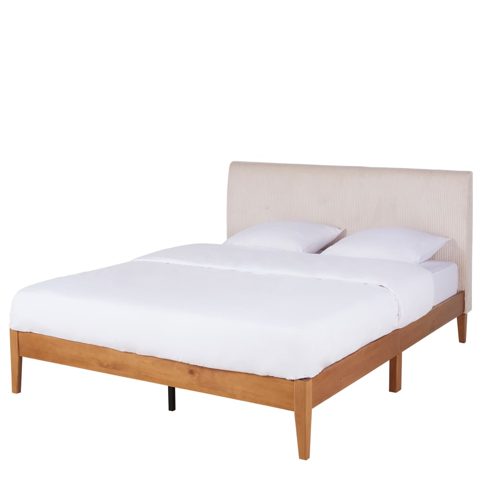 Lit en velours côtelé beige et pin massif 160x200 avec sommier à lattes