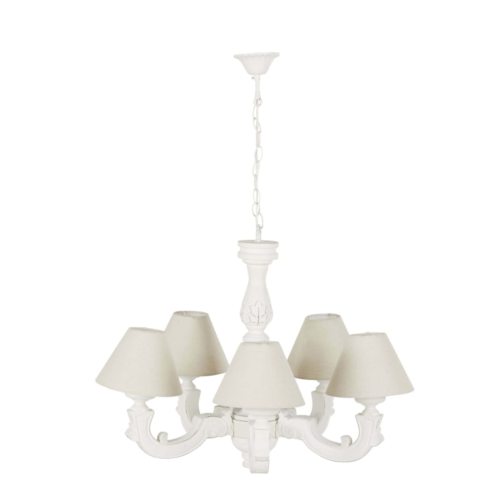 Lustre blanc effet vieilli et abat-jours beiges, H50 cm