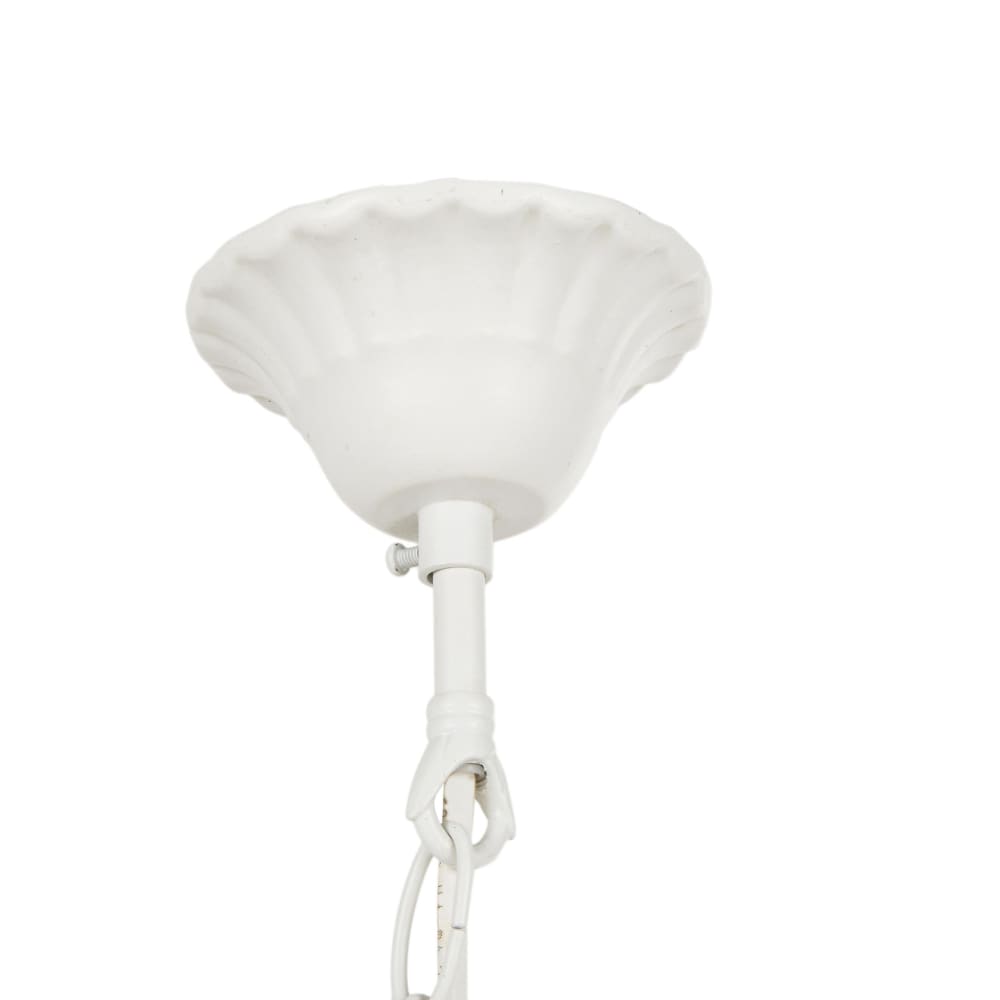 Lustre blanc effet vieilli et abat-jours beiges, H50 cm