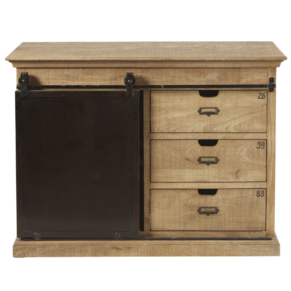 Madia a 1 anta e 3 cassetti in legno di mango e acciaio 116 cm -