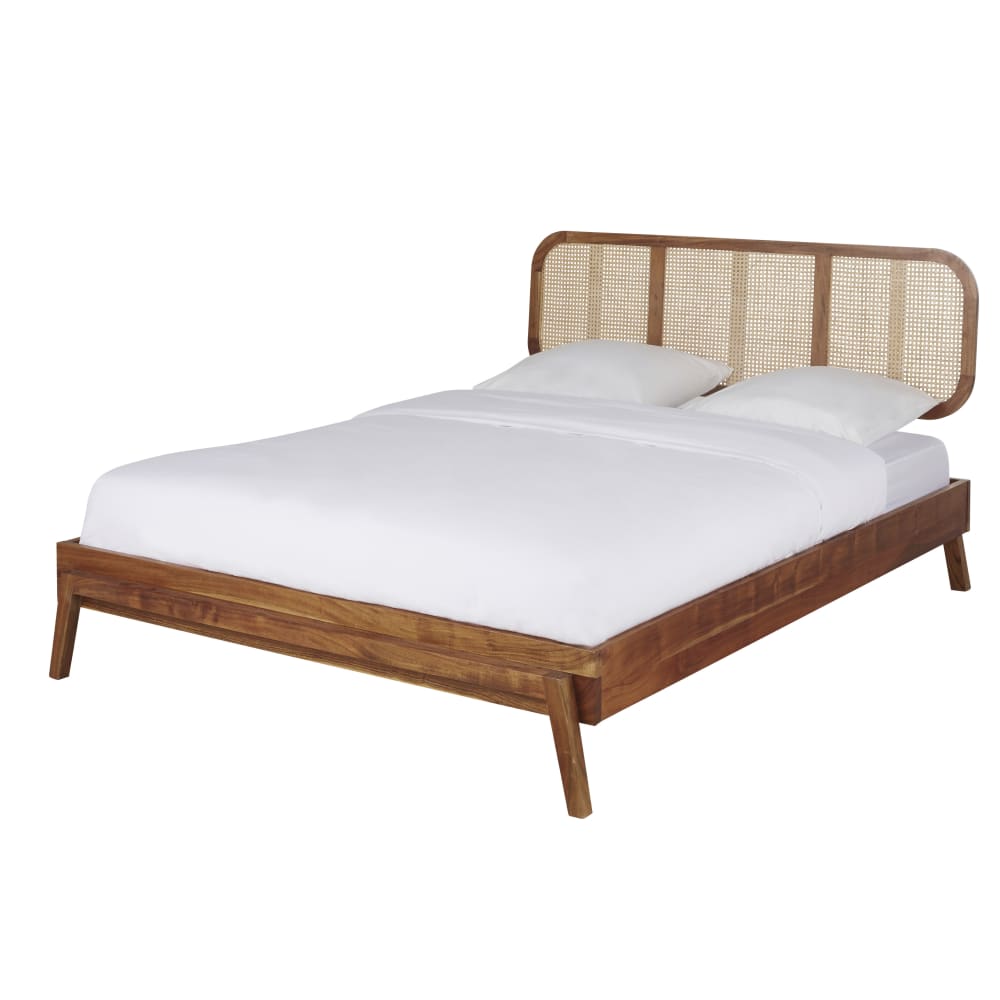 Massief acaciahouten bed met rotan riet, 160x200 cm, met lattenbodem - Maisons Du Monde
