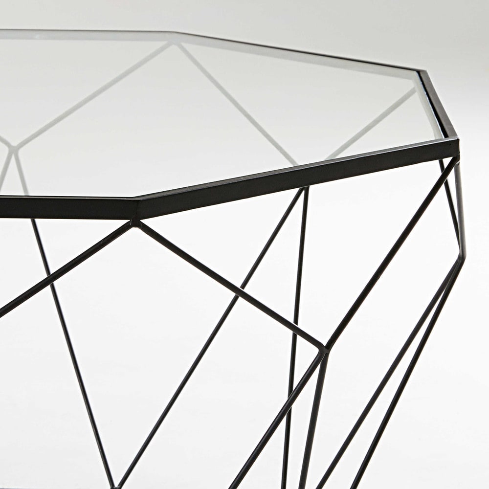 Mesa de centro de vidro temperado e aço preto, 80 cm - Maisons Du