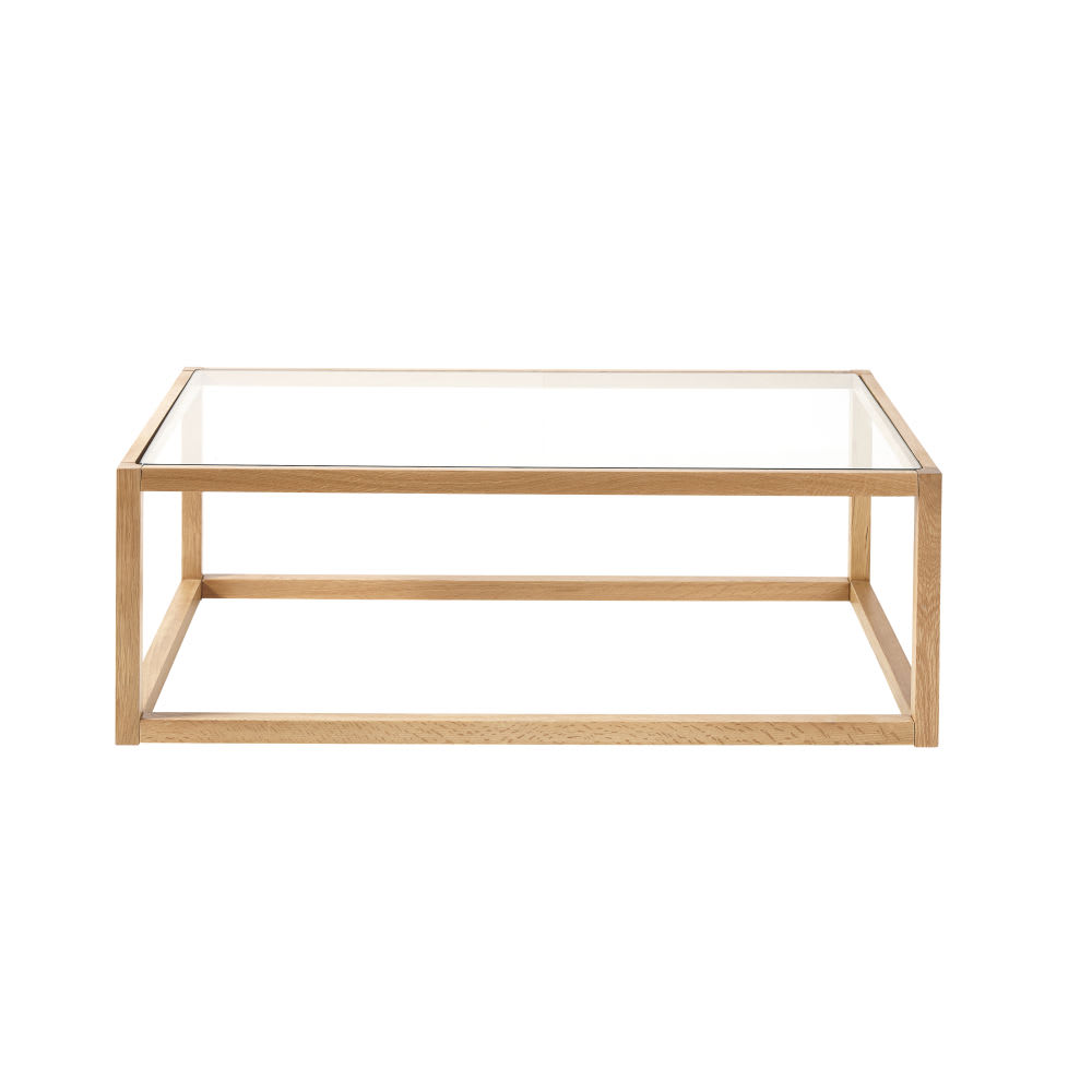 mesa de centro redonda de roble macizo y vidrio o100 cm