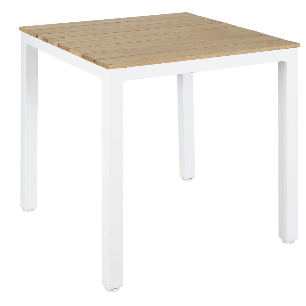 Mesa profissional de exterior de madeira de teca e metal branca