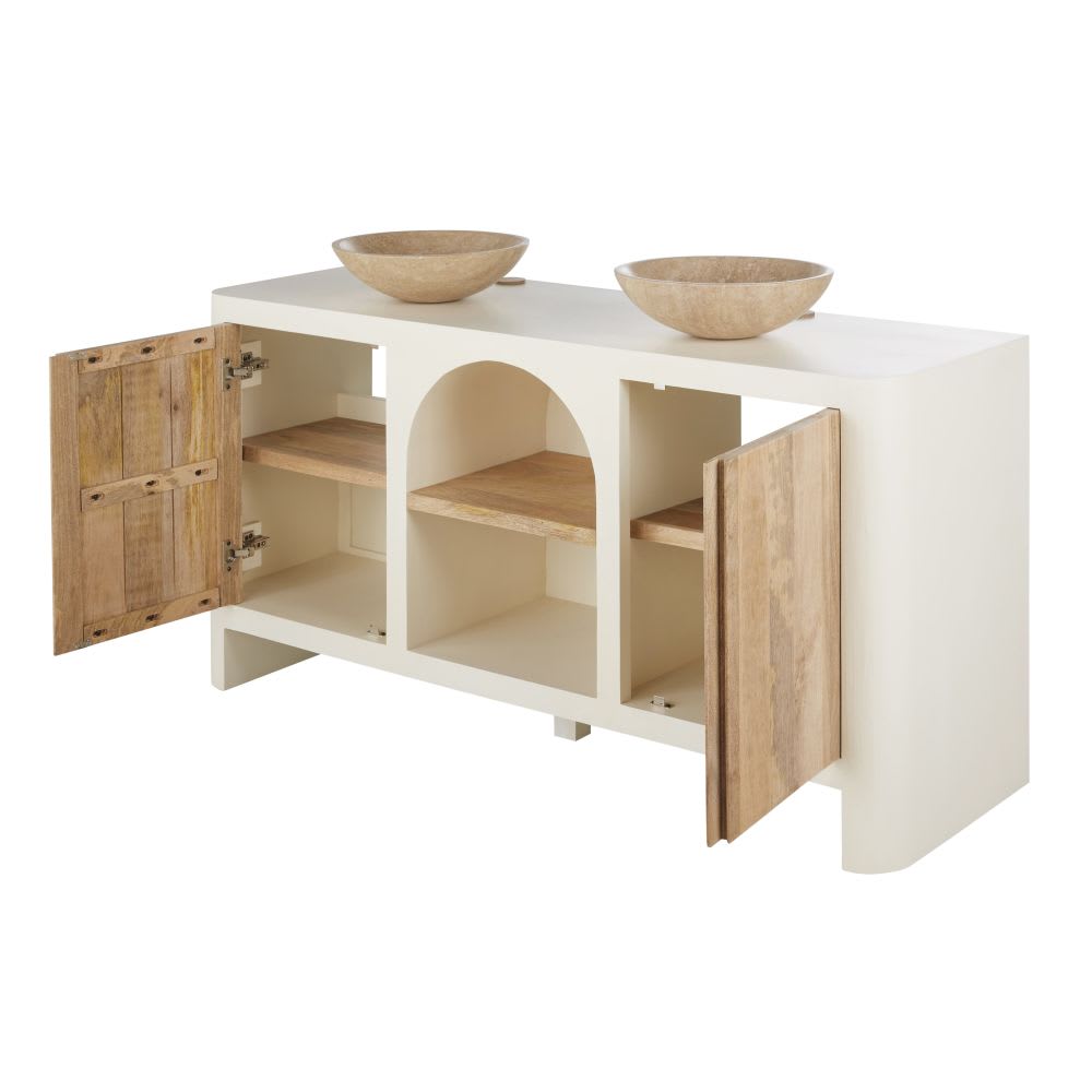 Meuble 2 vasques en bois de manguier beige et blanc crème - Maisons du Monde