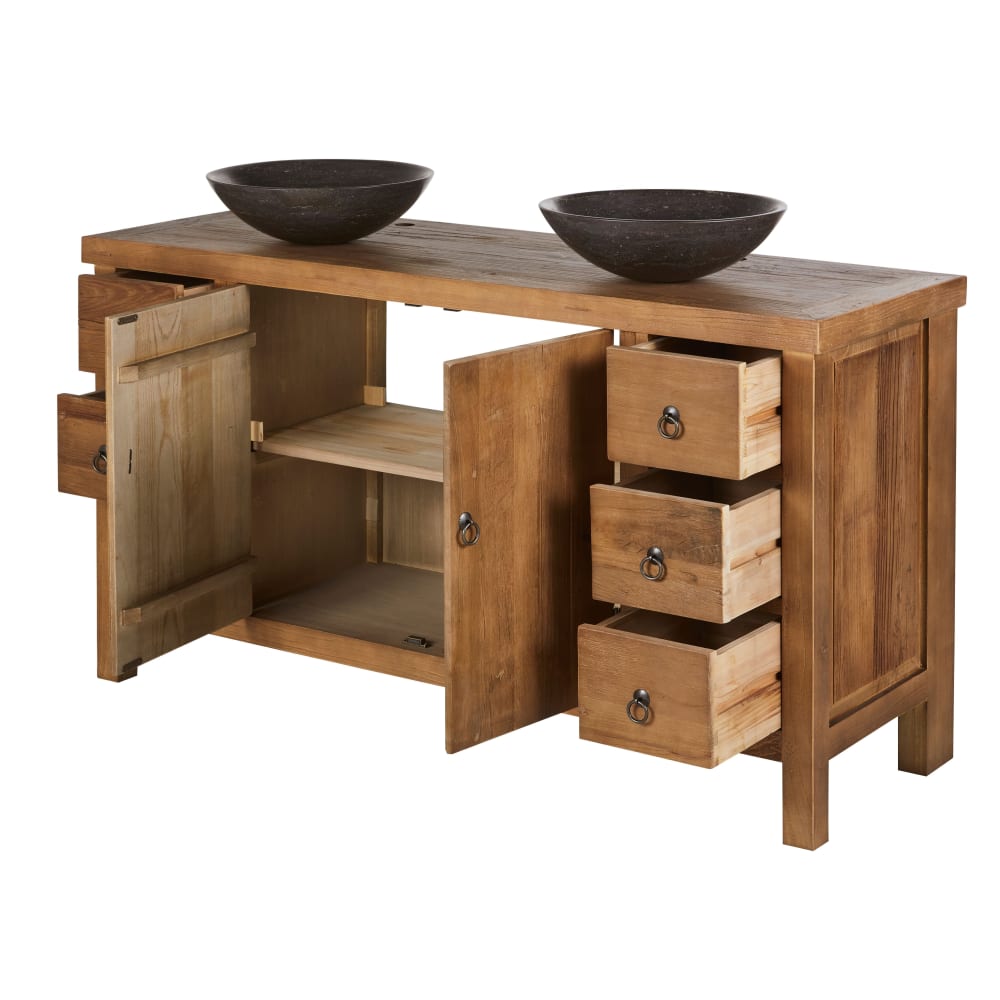 Meuble double vasque en bois d'orme recyclé et pierre bleue - Maisons du Monde