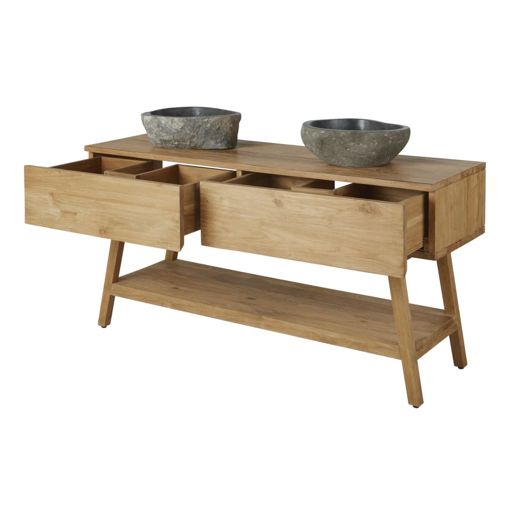 Meuble double vasques en bois et pierre de rivière - Maisons du Monde