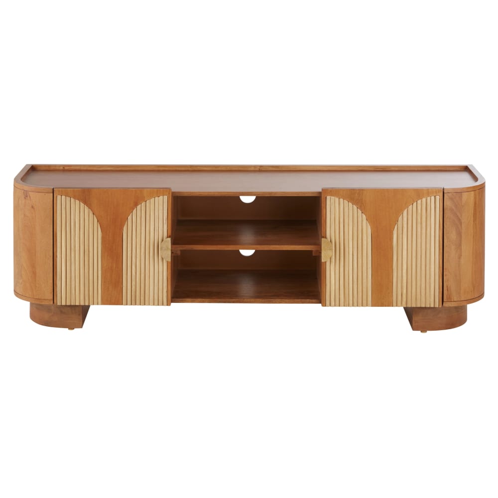 Meuble TV 2 portes en bois de manguier massif, rotin et aluminium coloris laiton L160