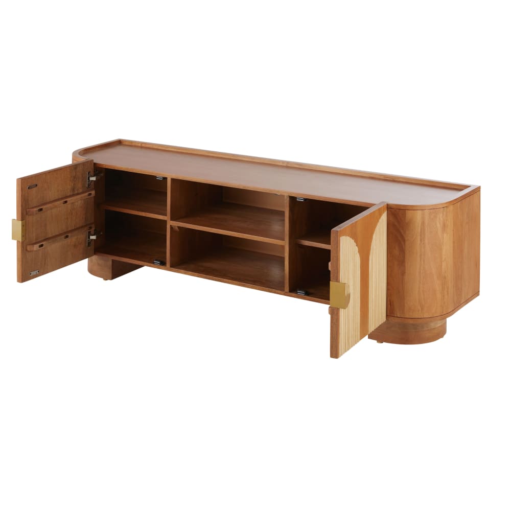 Meuble TV 2 portes en bois de manguier massif, rotin et aluminium coloris laiton L160 — vue 3