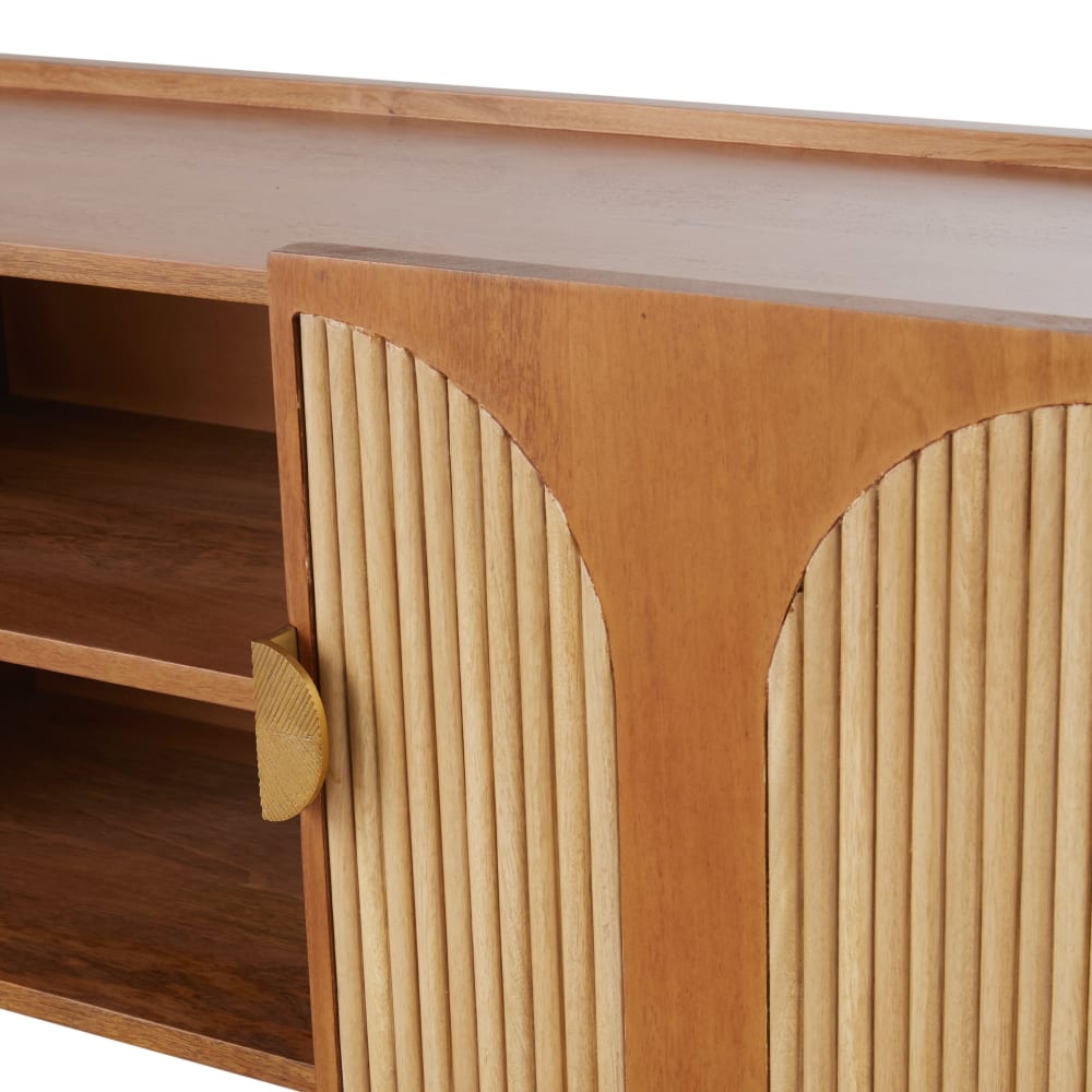 Meuble TV 2 portes en bois de manguier massif, rotin et aluminium coloris laiton L160 — vue 4
