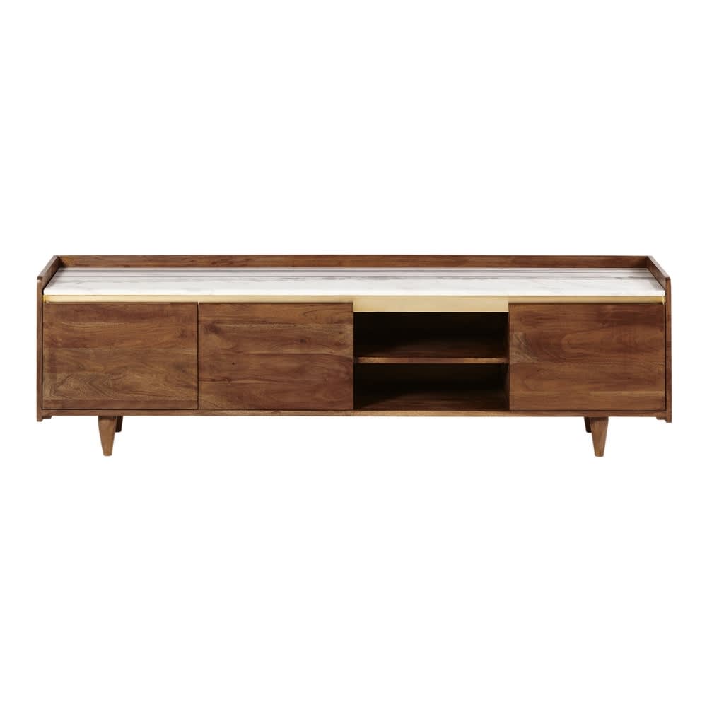 Meuble TV 3 portes en acacia massif et marbre blanc L165