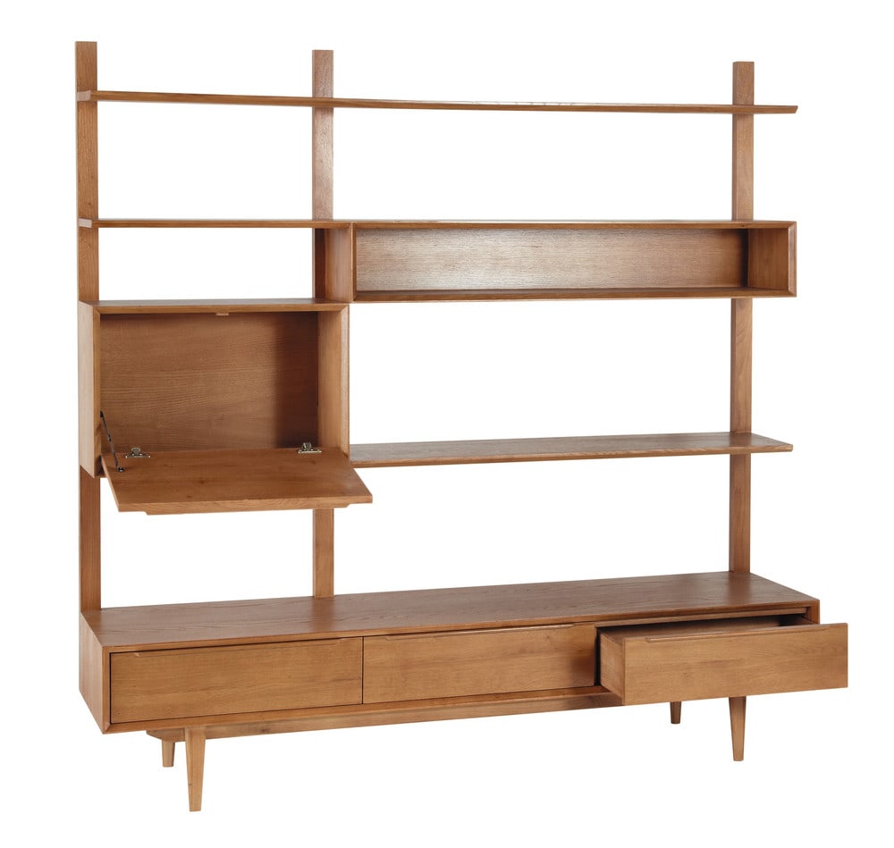 Meuble TV étagère vintage 3 tiroirs 1 porte en bois de chêne L180