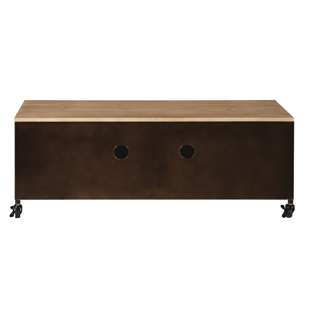 Meuble TV industriel à roulettes 2 portes en acier et bois de sapin L115