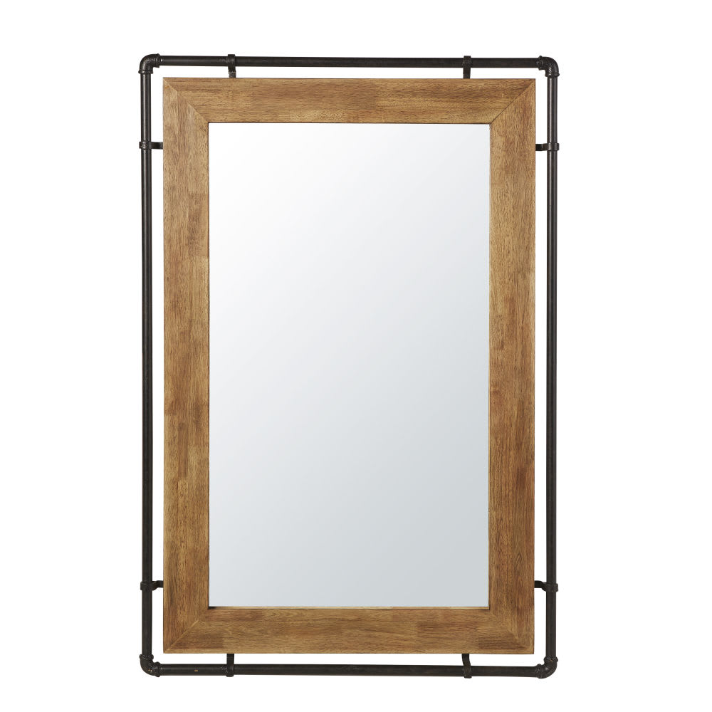 Miroir rectangulaire industriel en bois d'hévéa et aluminium noir, 80x120 cm