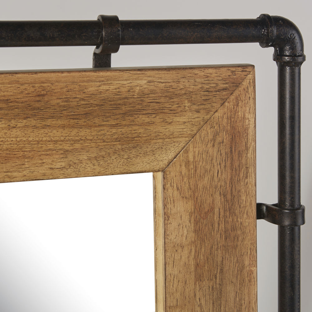 Miroir rectangulaire industriel en bois d'hévéa et aluminium noir, 80x120 cm