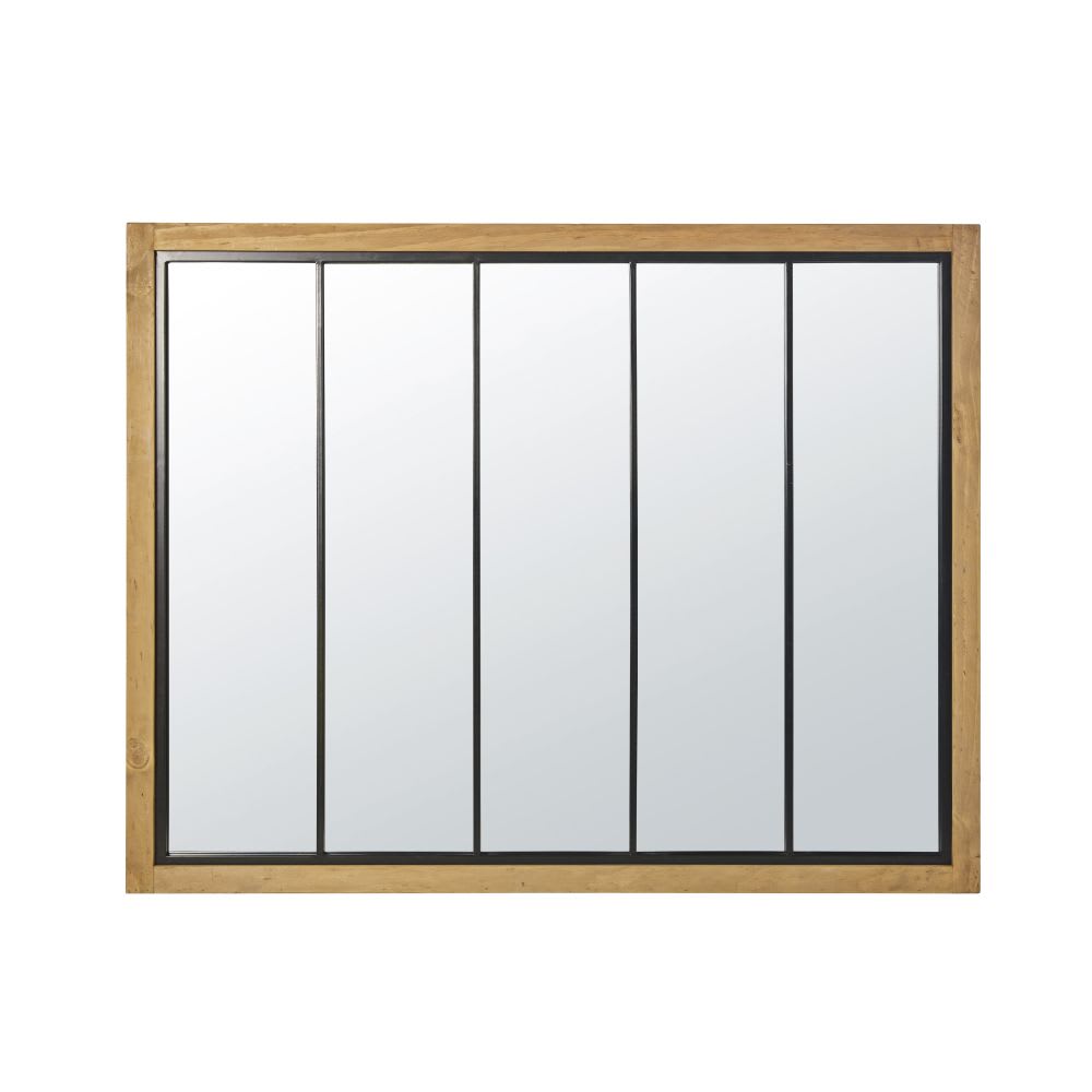 Miroir verrière rectangulaire en pin et aluminium noir, 120x95 cm