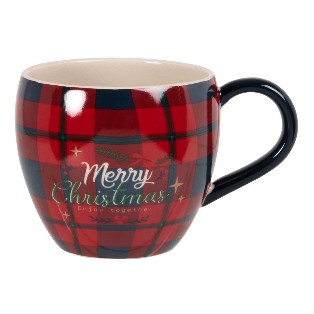 Mug en céramique à motifs tartan noirs, blancs, rouges, verts, dorés mat et beiges