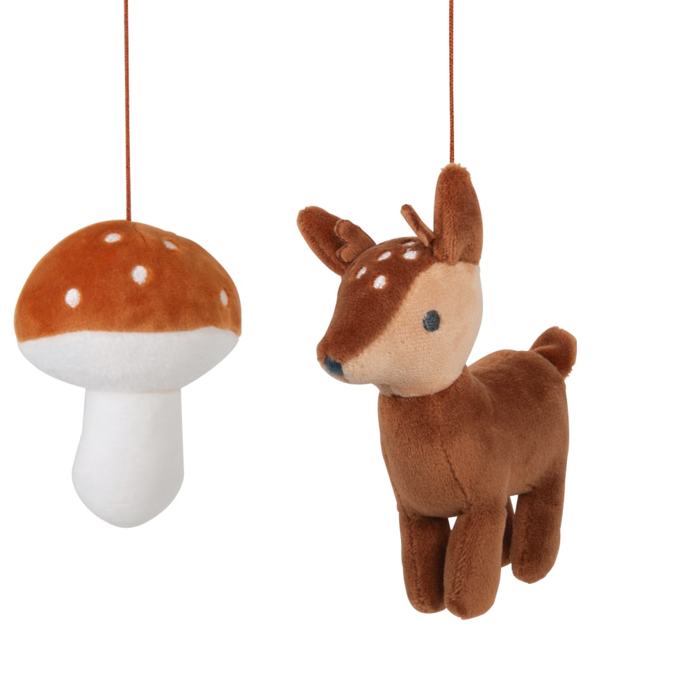 Muzikale babymobiel met kleurrijke paddenstoelen, bladeren en een