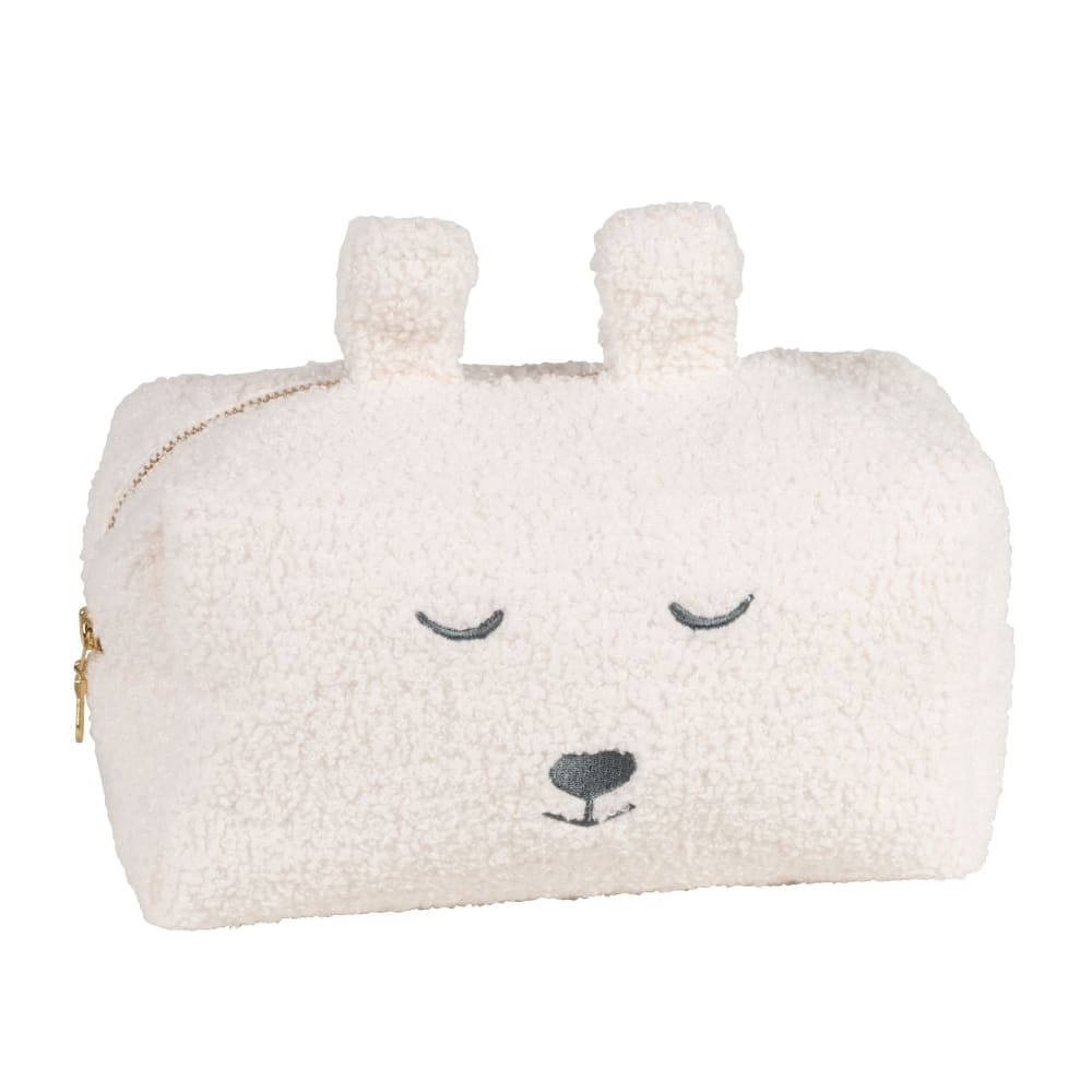 Neceser para bebé con oso y pelo rizado blanco