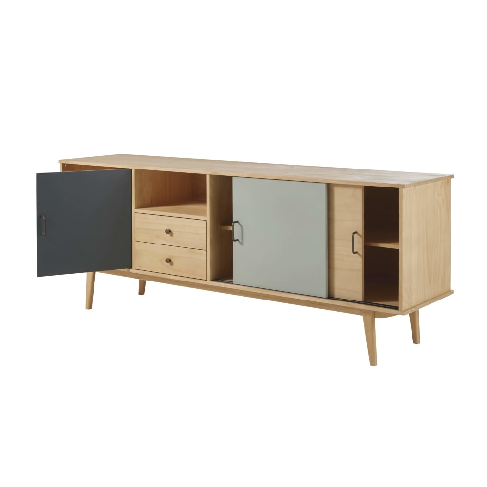 Niedriges Sideboard mit 3 Türen und 2 Schubladen, graugrün und