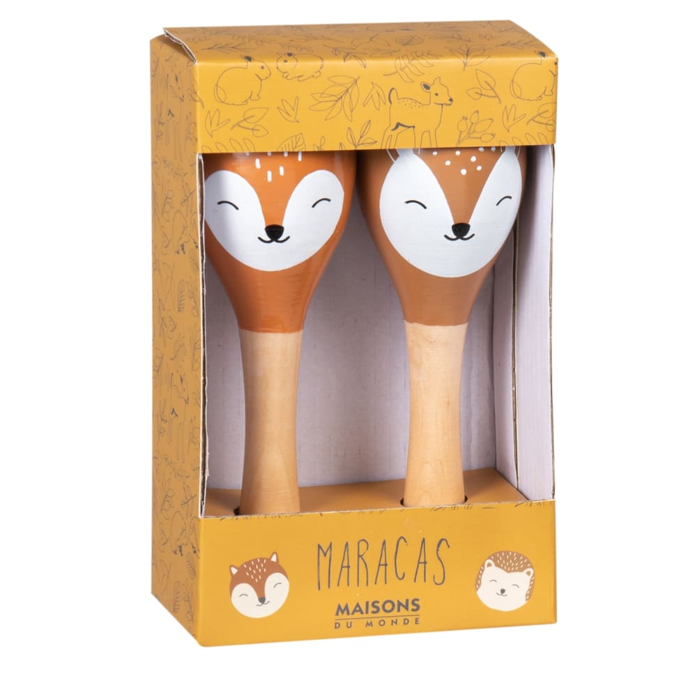 Paire de maracas en bois de schima motif renard orange et faon marron (Maisons du Monde) - Image 2