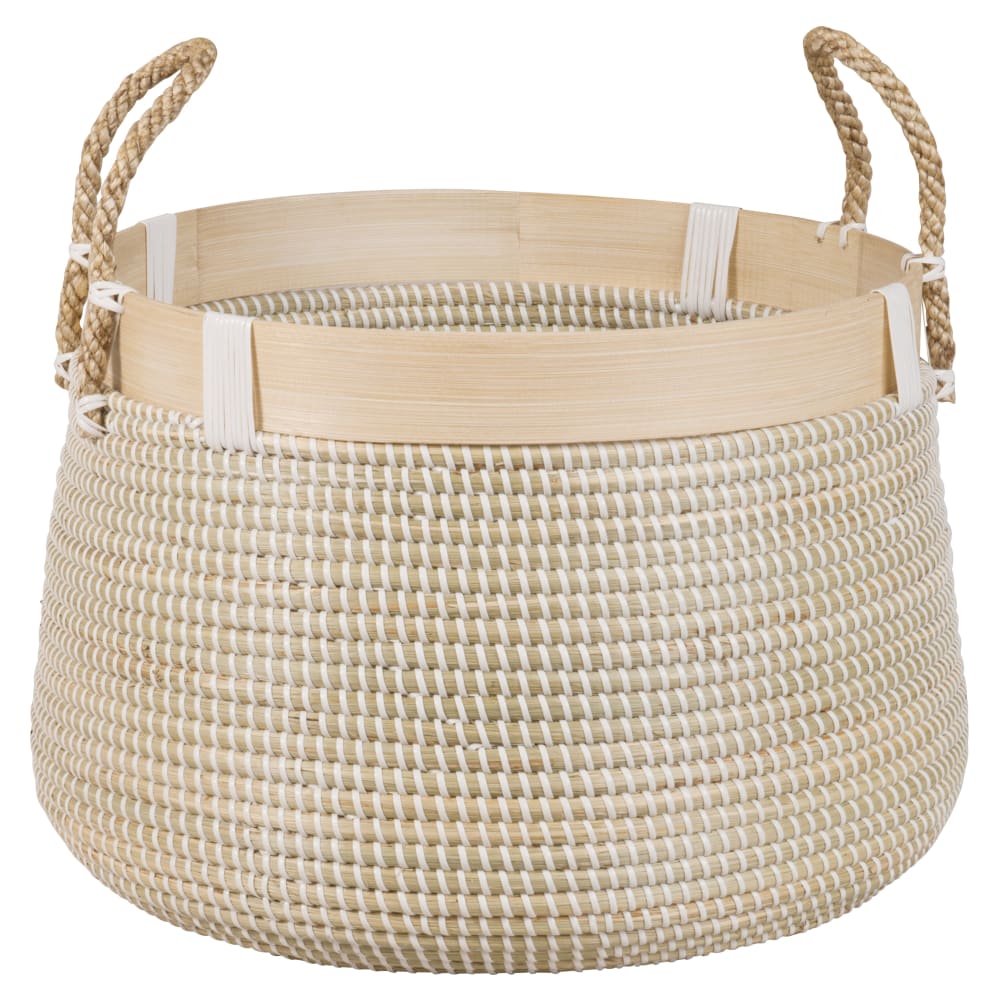 Panier boule en fibre végétale et scoubidou blanc