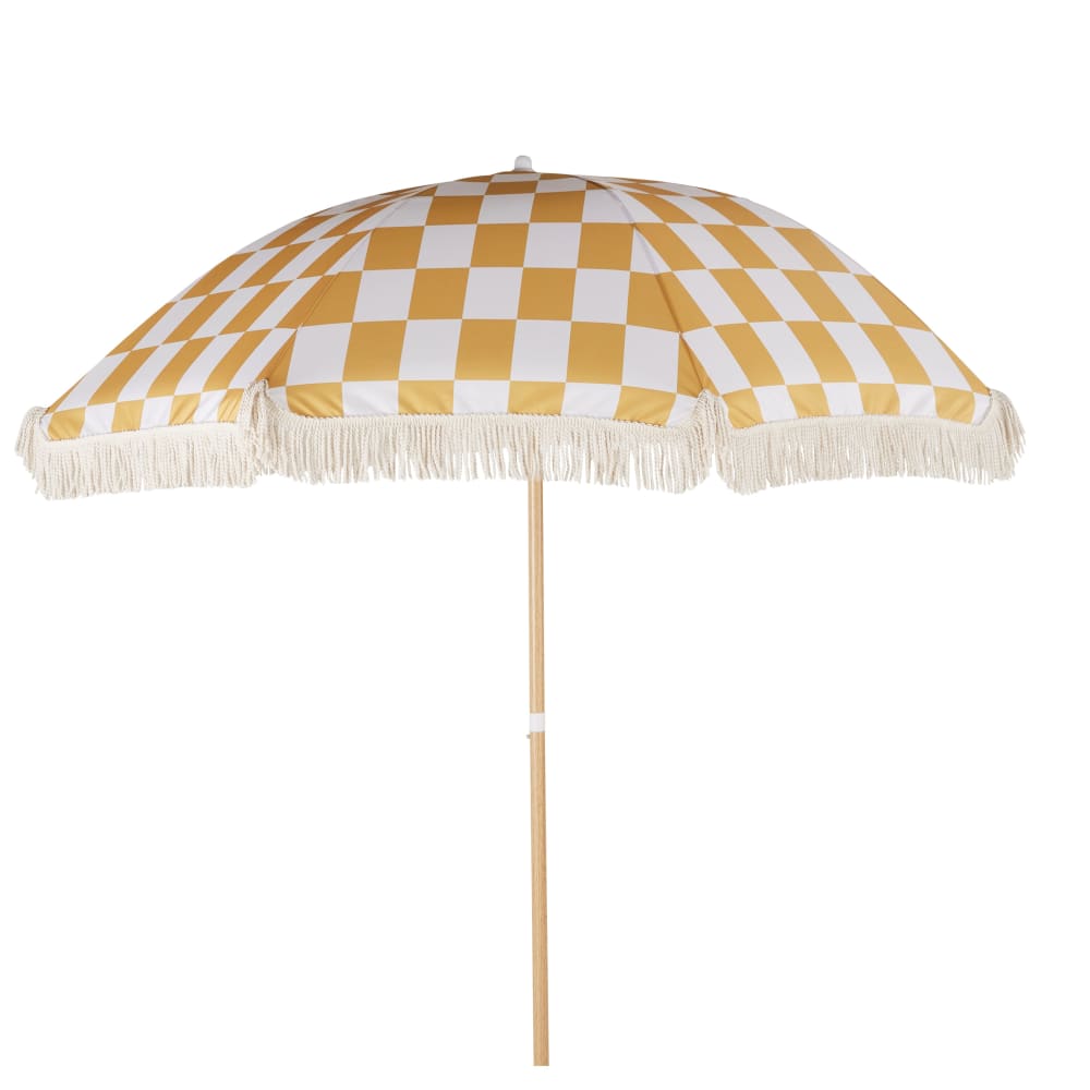 Parasol 2x2m en aluminium imitation bois et toile en polyester recyclé motif damier jaune et blanc