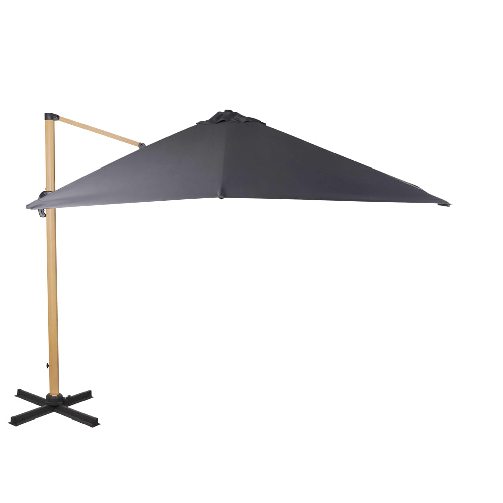 Parasol déporté 3x3m en aluminium imitation bois et toile recyclée gris anthracite