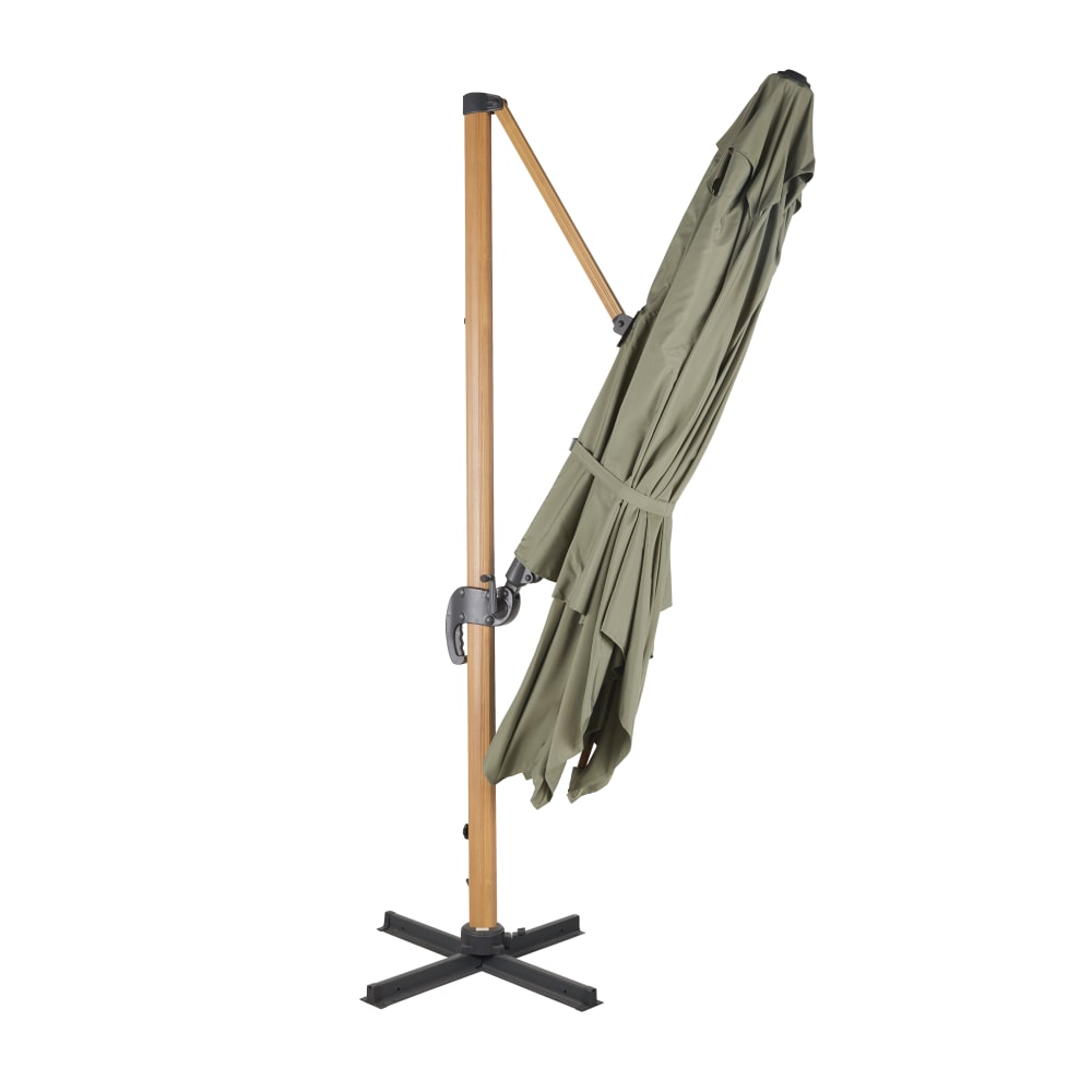 Parasol déporté 3x3m en aluminium imitation bois et toile vert kaki