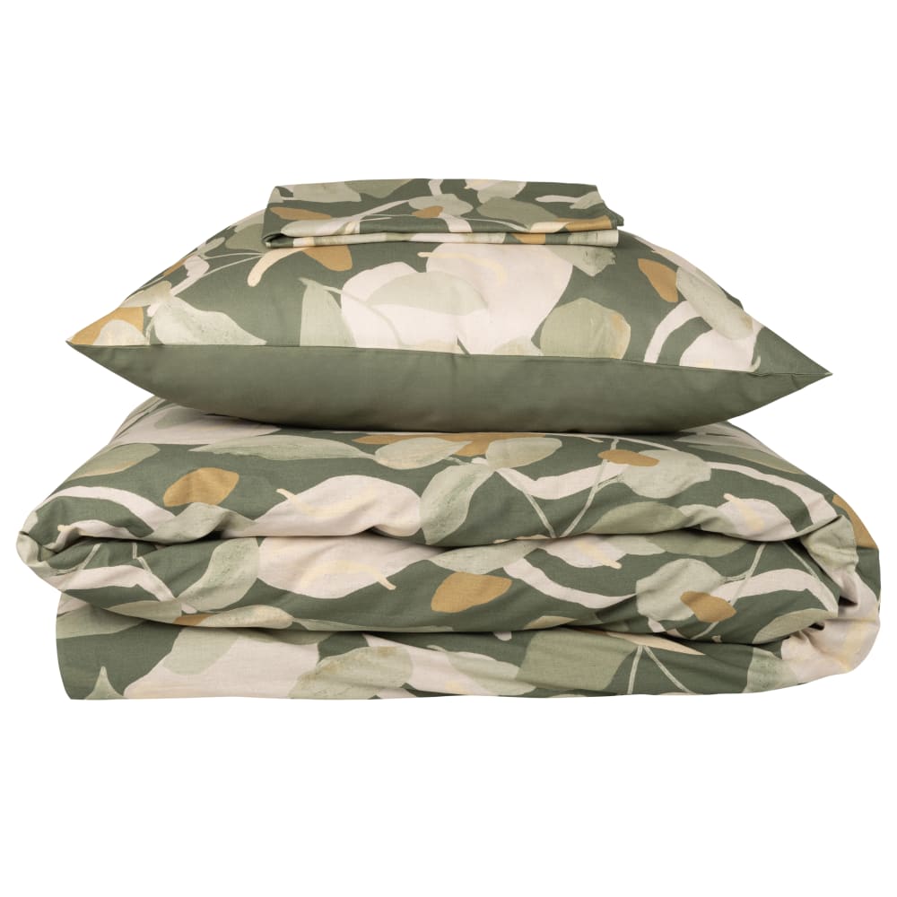 Parure de lit en coton biologique imprimé vert kaki et écru 240x220