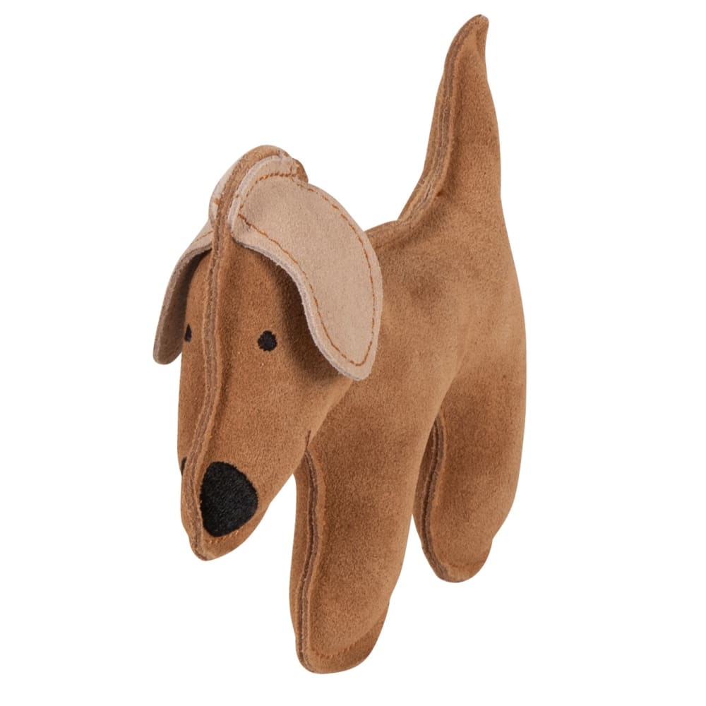 Peluche per animali a forma di cane con sonaglio in pelle marrone