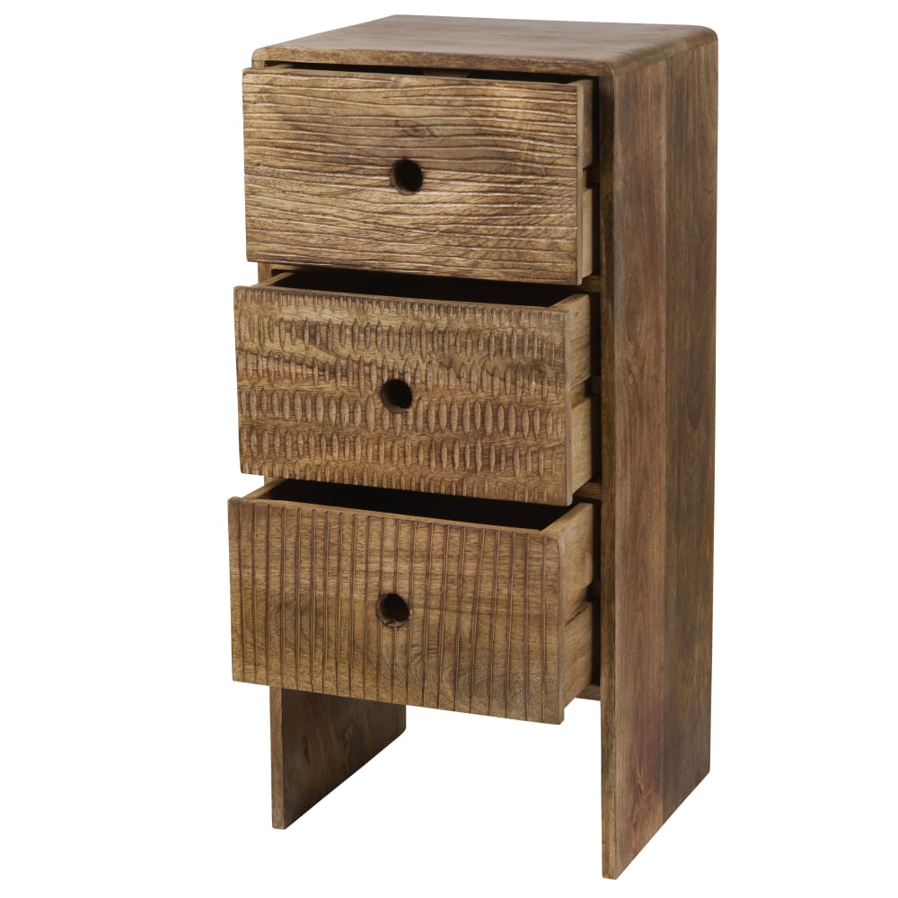 Petit meuble de rangement 3 tiroirs en manguier gravé main — vue 4