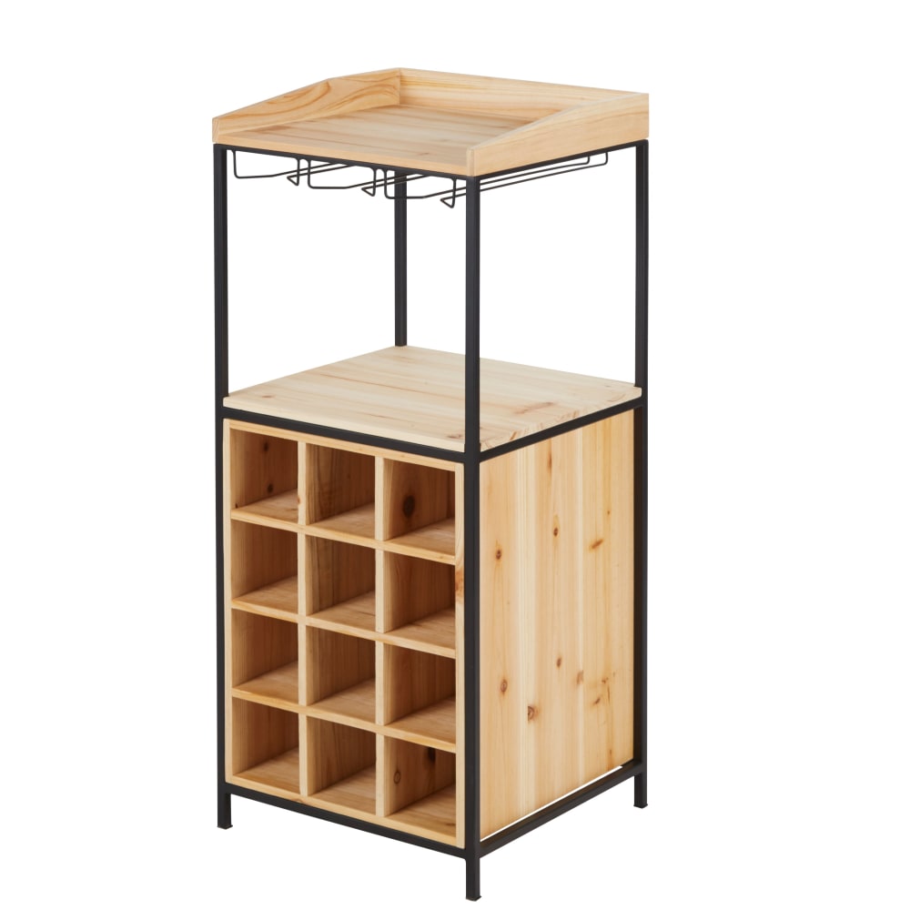 Petit meuble range-bouteilles en métal noir et bois de sapin