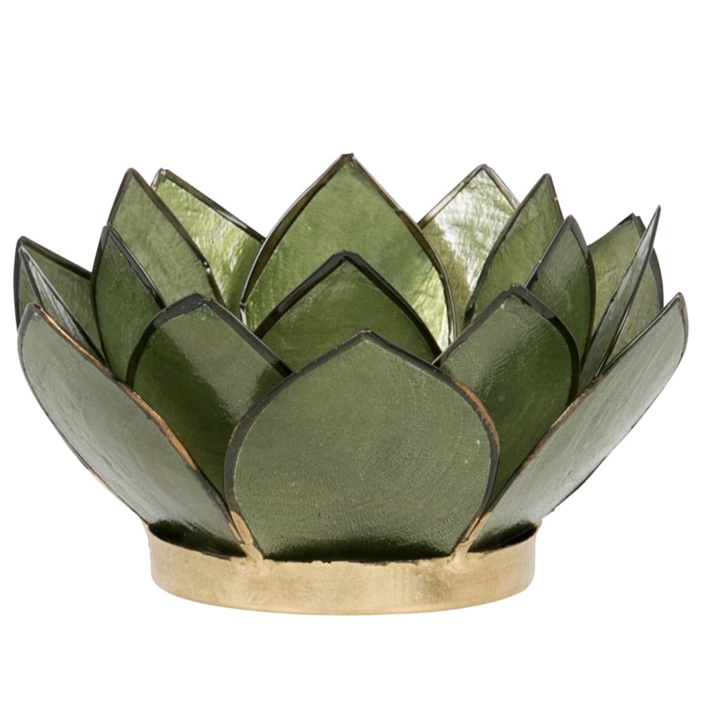 Photophore lotus en nacre et acier vert