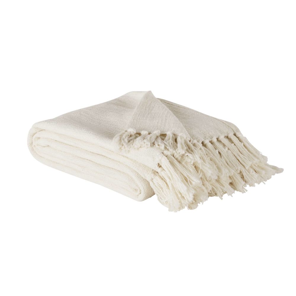 Plaid en coton recyclé écru avec pompons 160x210 - Maisons du Monde
