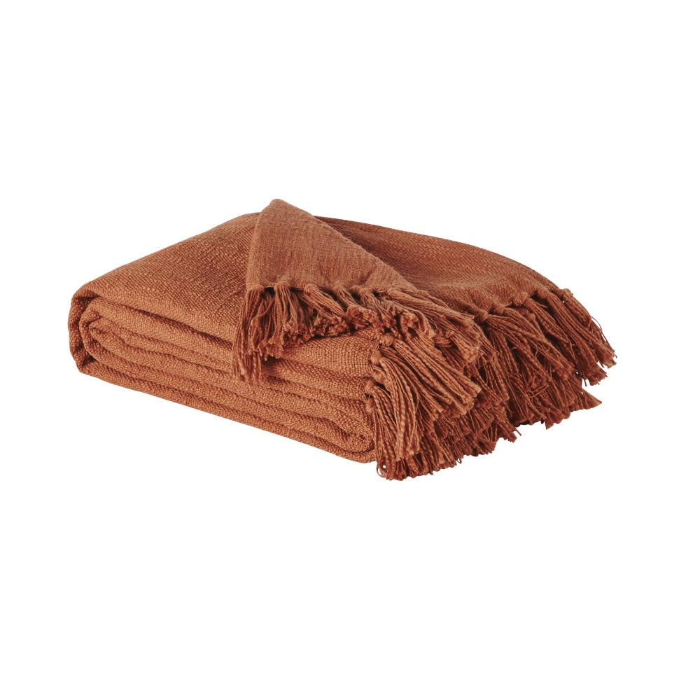 Plaid en coton recyclé terracotta avec pompons 160x210 - Maisons du Monde