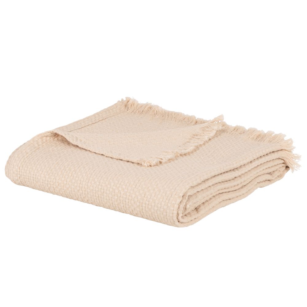 Plaid en coton tissé et gaufré à franges beige 130x170