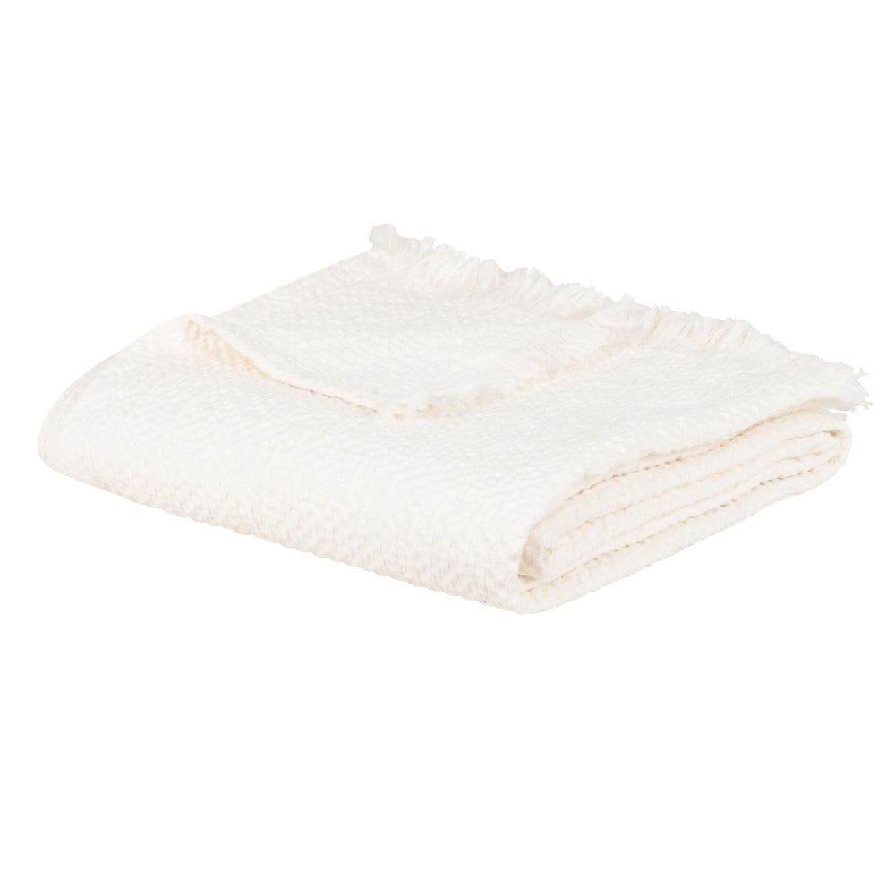 Plaid en coton tissé et gaufré à franges blanc 130x170