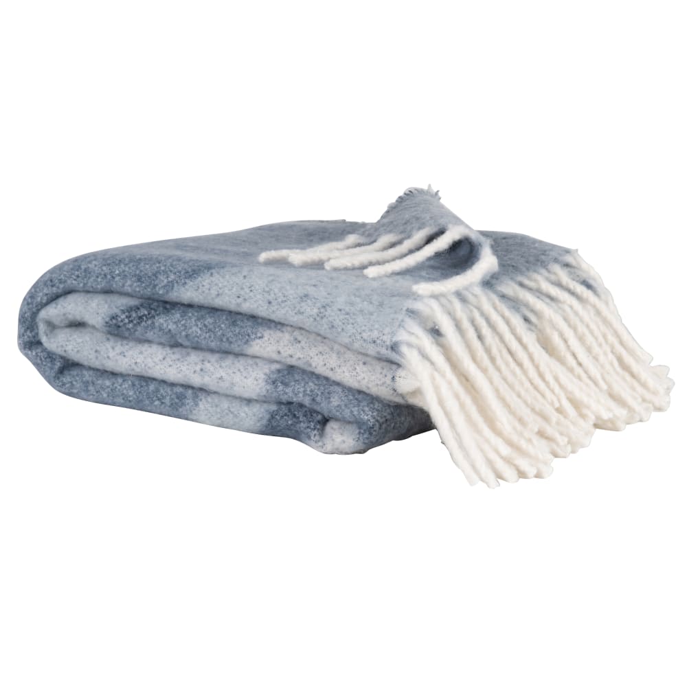 Plaid gratté bleu et blanc motif tissé jacquard et franges 130x170