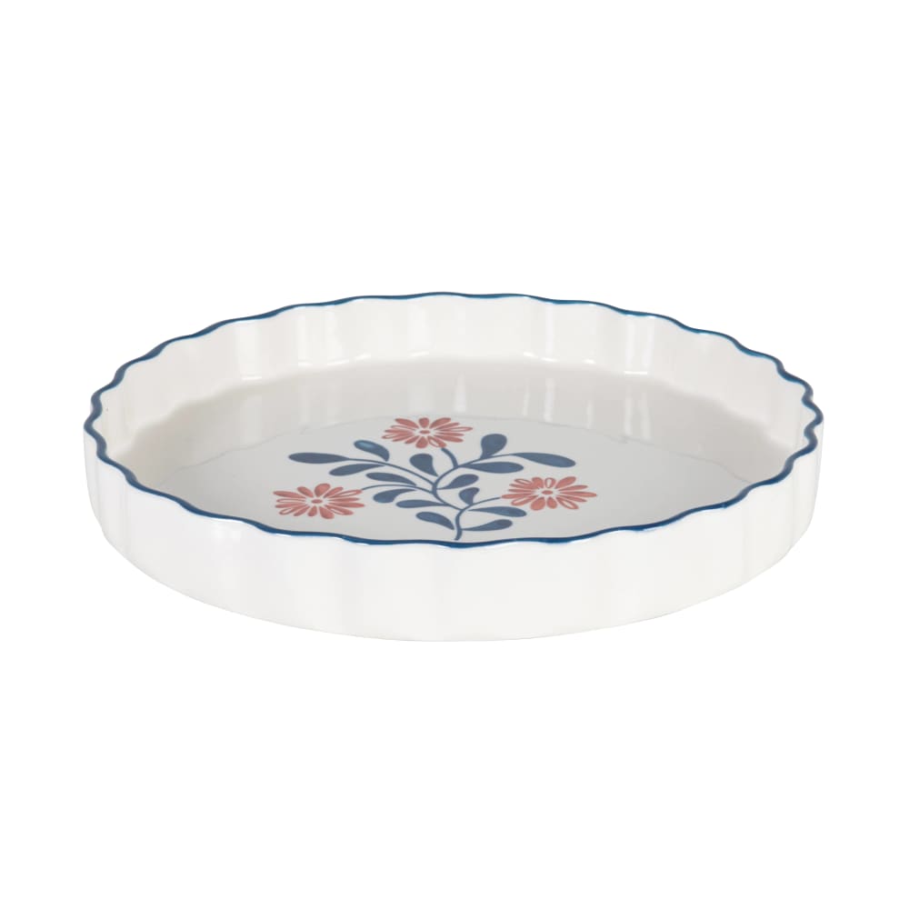 Plat à tarte en céramique blanche motif floral bleu et rouge