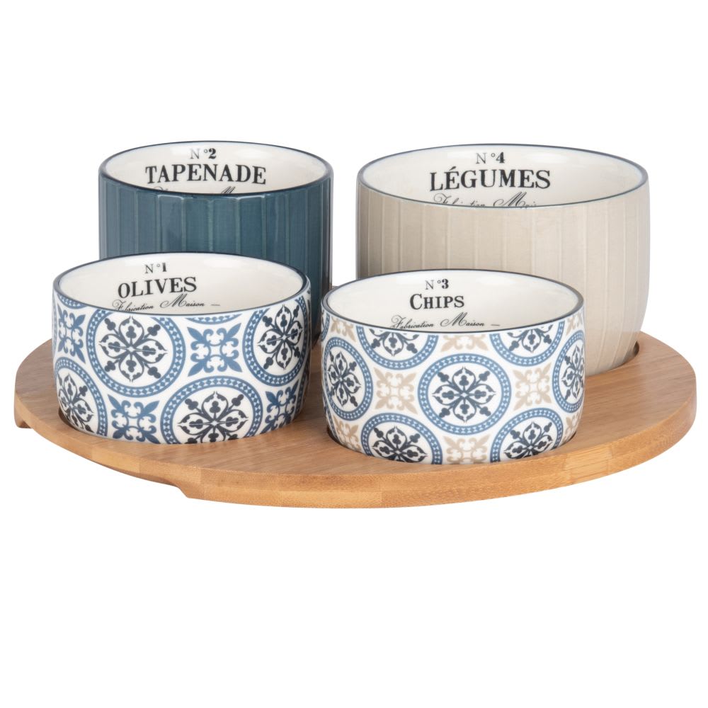 Plateau apéritif en bambou 4 bols en céramique bleue, beige et blanche à motifs