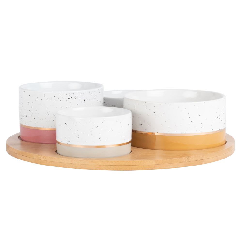 Plateau apéritif en bambou 4 bols en porcelaine