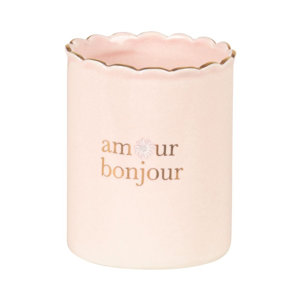 Pot à crayons en porcelaine rose avec liseré doré et gravé amour