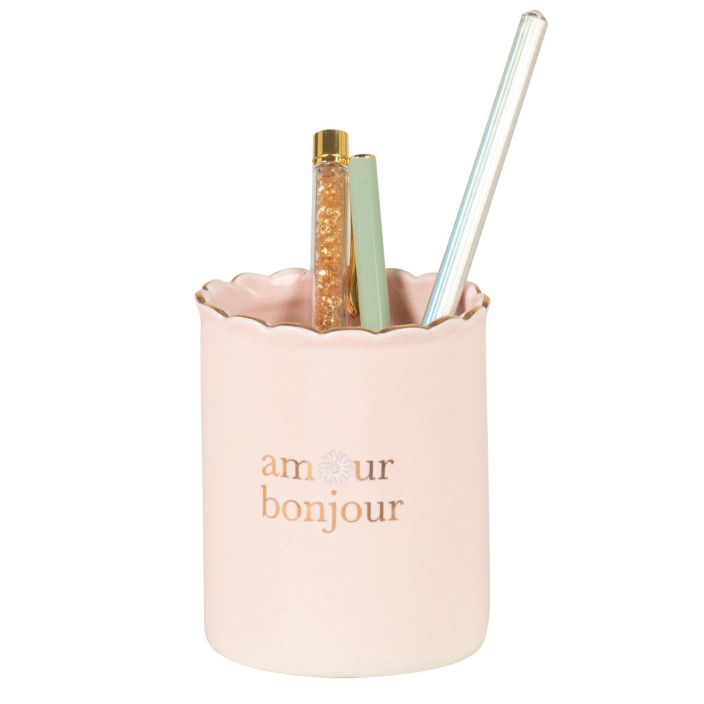 Pot à crayons en porcelaine rose avec liseré doré et gravé amour - Maisons du Monde