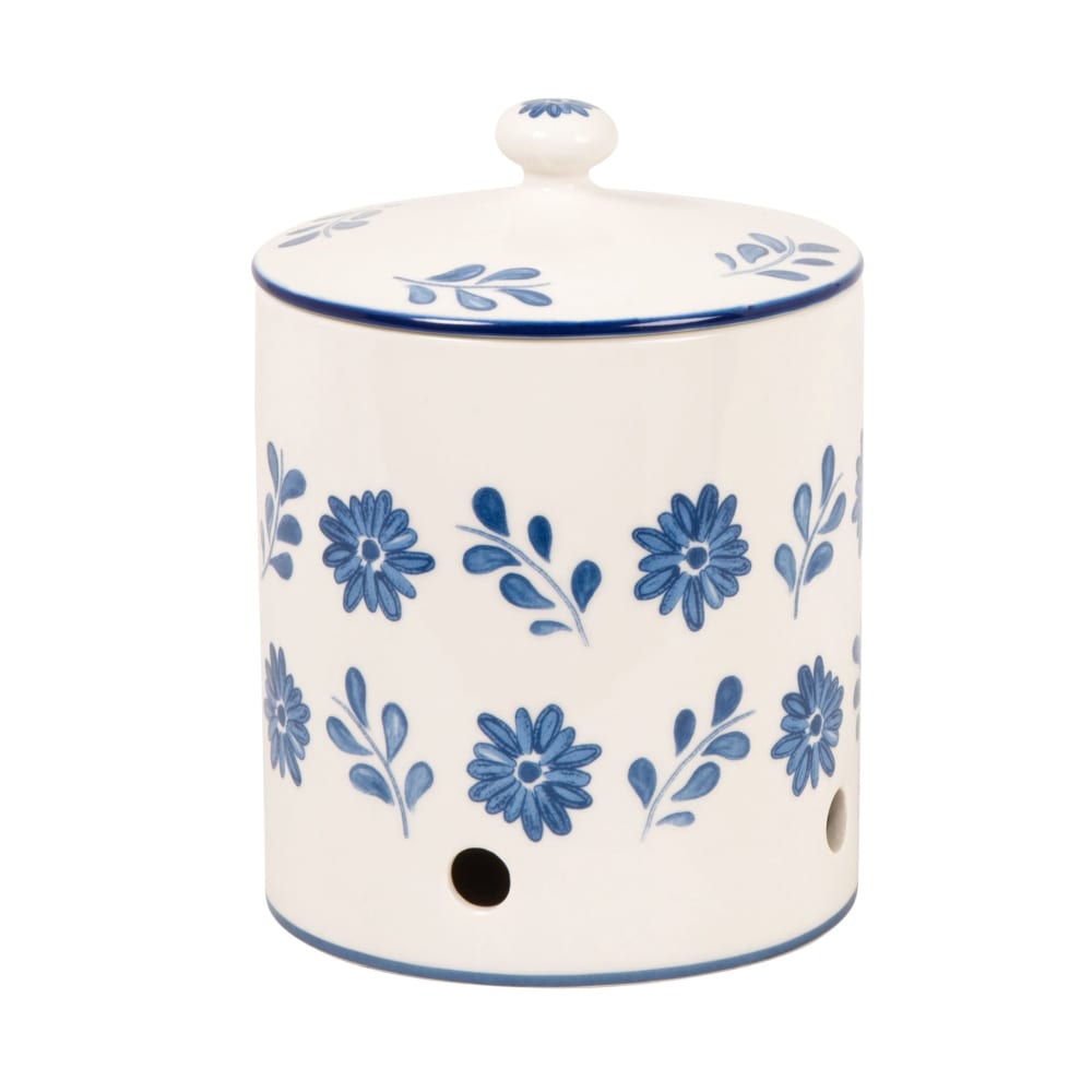 Pot à oignons en céramique blanche motif floral bleu H18