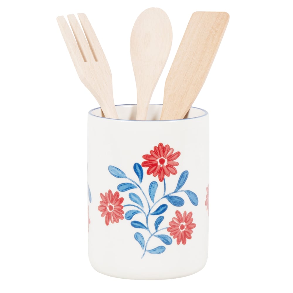 Pot à ustensiles en céramique blanche motif floral bleu et rouge et ustensiles en bois d'hévéa