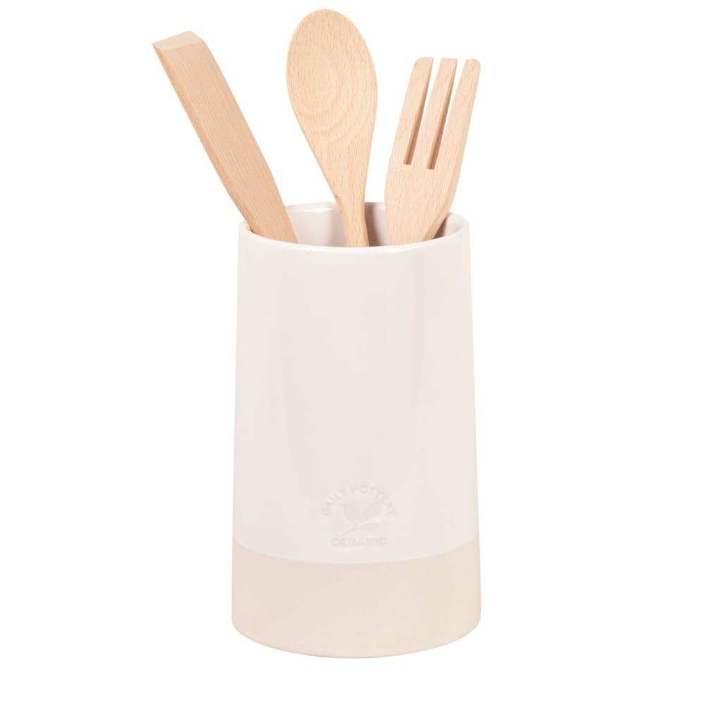 Pot en céramique blanche, beige et ustensiles en bois de hêtre