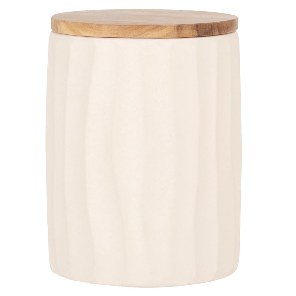 Pot en céramique blanche couvercle en bois d'acacia H16